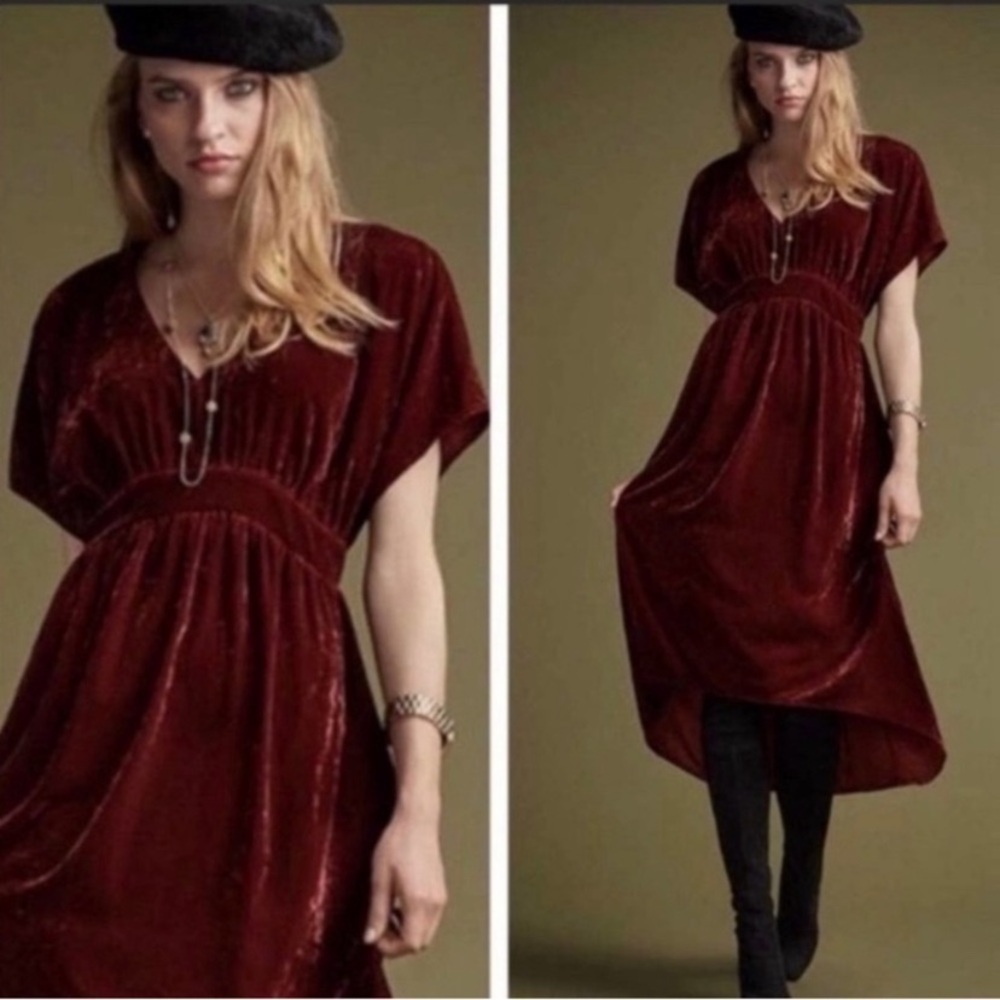 CAbi | Crimson Red Crushed Velvet Bohemian High/Low Midi Dress Size XS